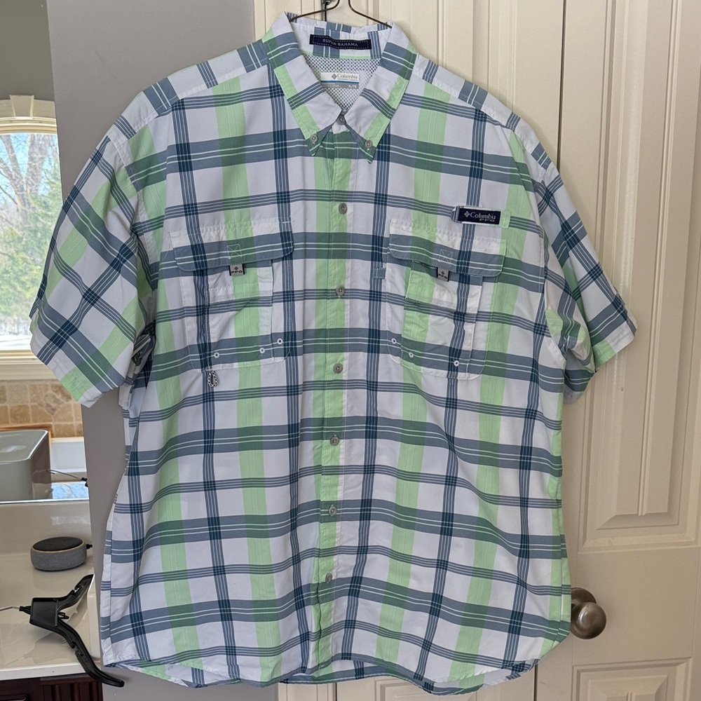 Columbia Men's Super Bahama White, Green and blue/gray Plaid Button Down Shirt